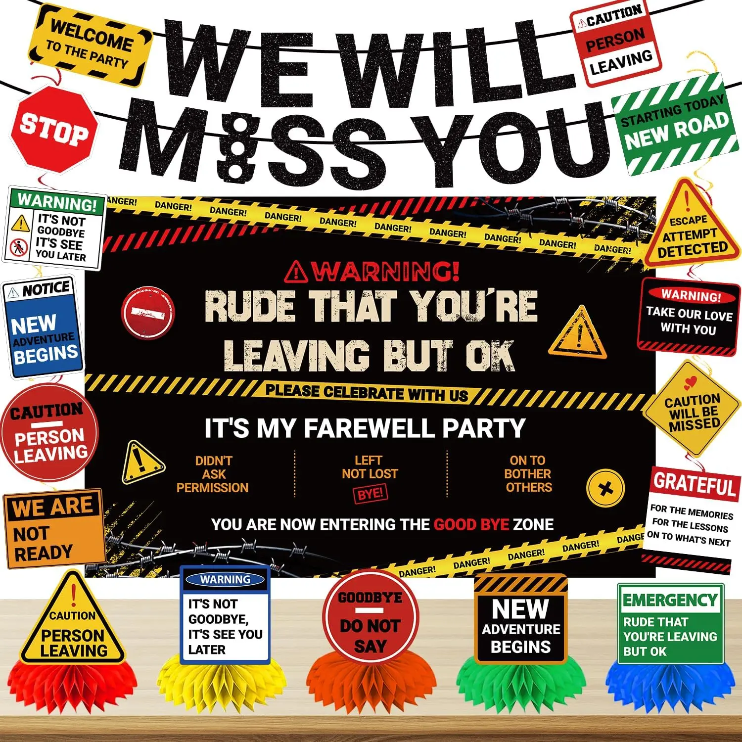 Going Away Party Decorations, 15Pcs We Will Miss You Decorations include Banner Backdrop Hanging Swirls and Honeycomb Centerpieces for Office Coworker Farewell Party Decor