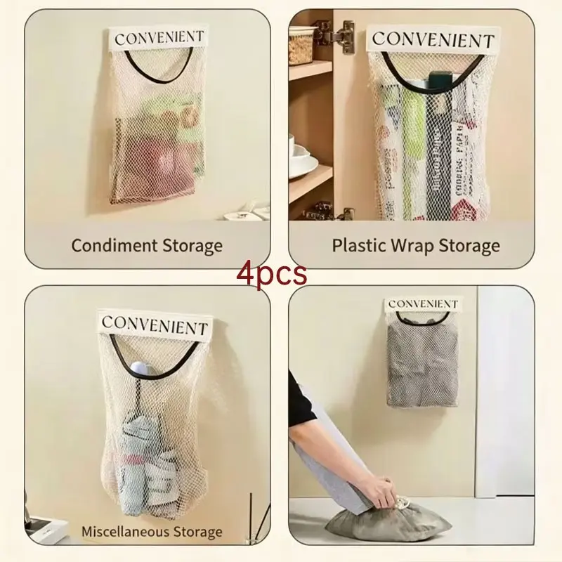 4-Piece Kitchen Hanging Mesh Storage Bags, Large Capacity Wall-Mounted Organizer, Reusable Door-Back Net Pouch, Breathable Design for Utensils & Groceries