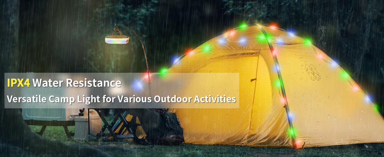 2 Pack Camping String Lights, 4 in 1 Quick Storage 32.9ft Rechargeable Tent Light String with 8 Lighting Modes, Hanging Waterproof Portable LED Lights for Outdoor, Patio, Awning, Party Essentials, Camping Accessories