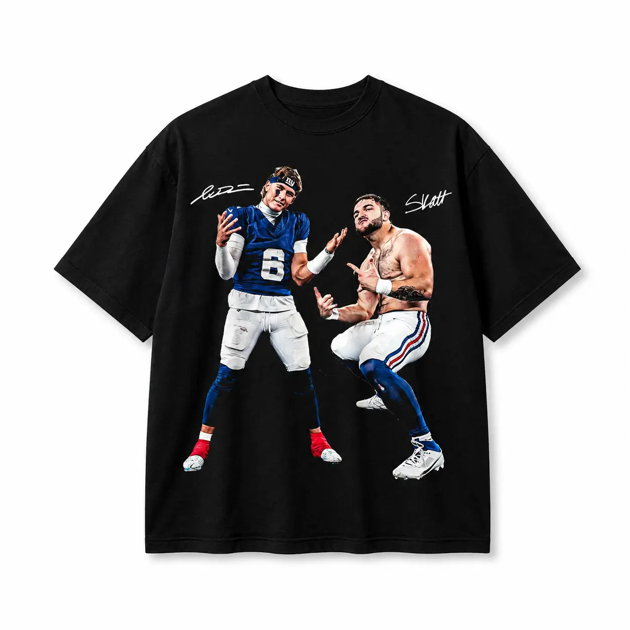 Giants Football Vintage Dual Player Portrait Signature Printed Tee, Black Casual Short Sleeve T-Shirt, Gift For Football Fans