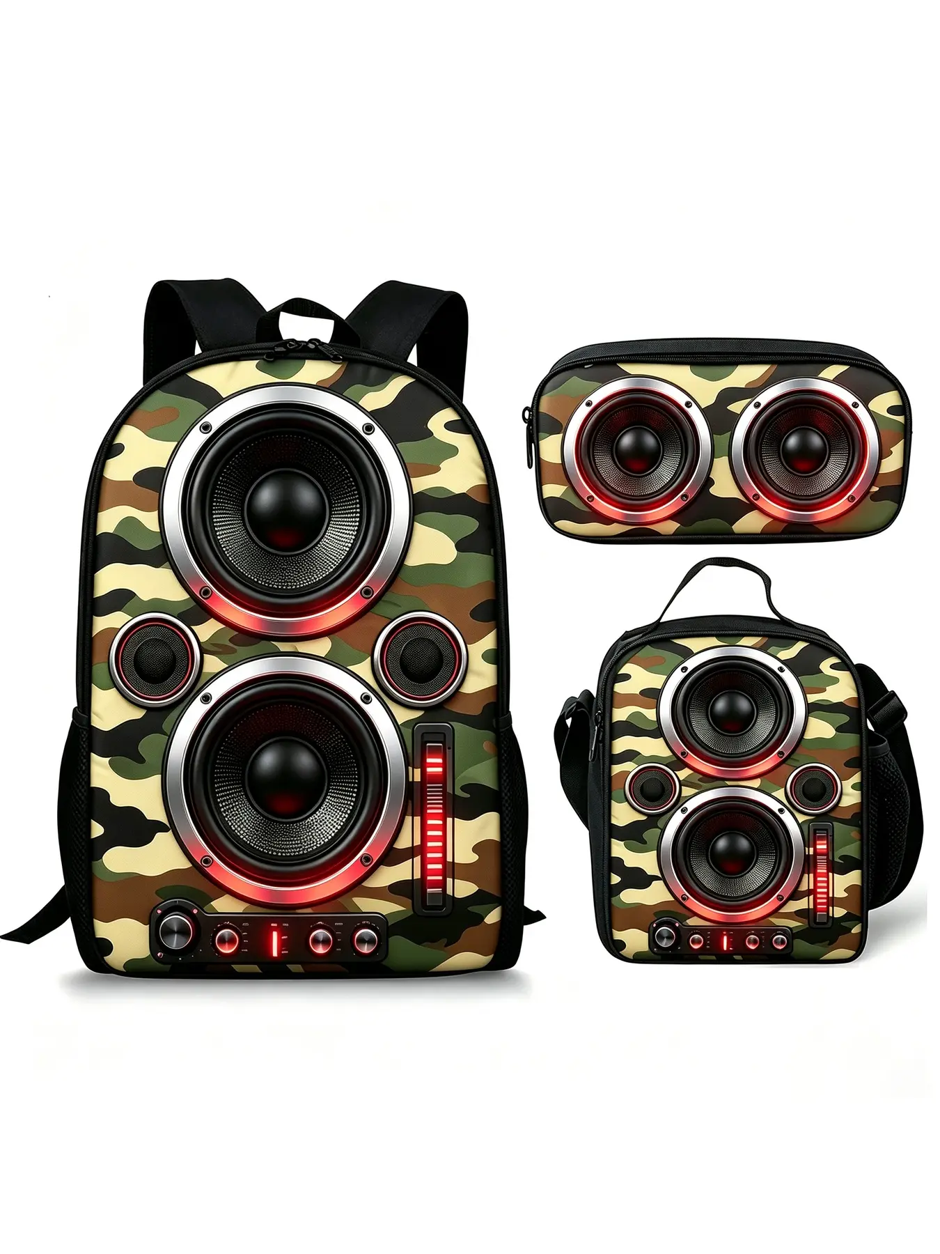 Camouflage Speaker Graphic Backpack Set, Cool Street Style 3Pcs Bag Set for Daily Travel