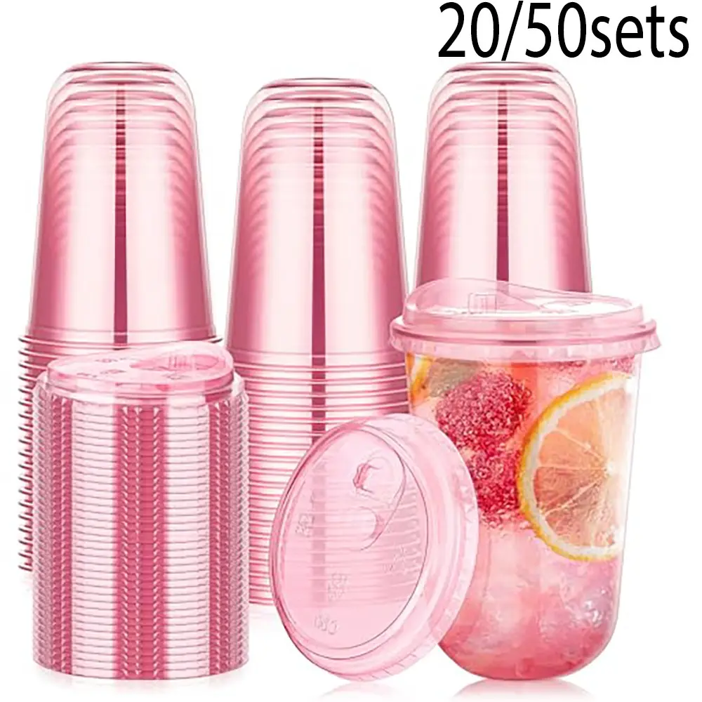 20/50 Sets 16oz Plastic Party Cups with Straw Lid, Disposable Ice Coffee Cups, Round Handleless Base, Perfect for Parties and Events