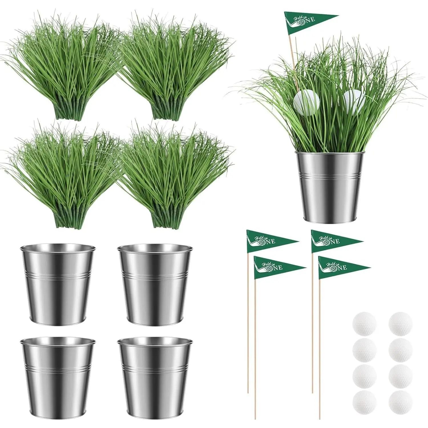 4 Set Golf Party Table Decorations Golf Centerpieces for Table Includes 8 Mini Golf Ball 4 Iron Bucket 60 Artificial Grass 4 Flags for Sport Birthday Party Décor (4 Set)