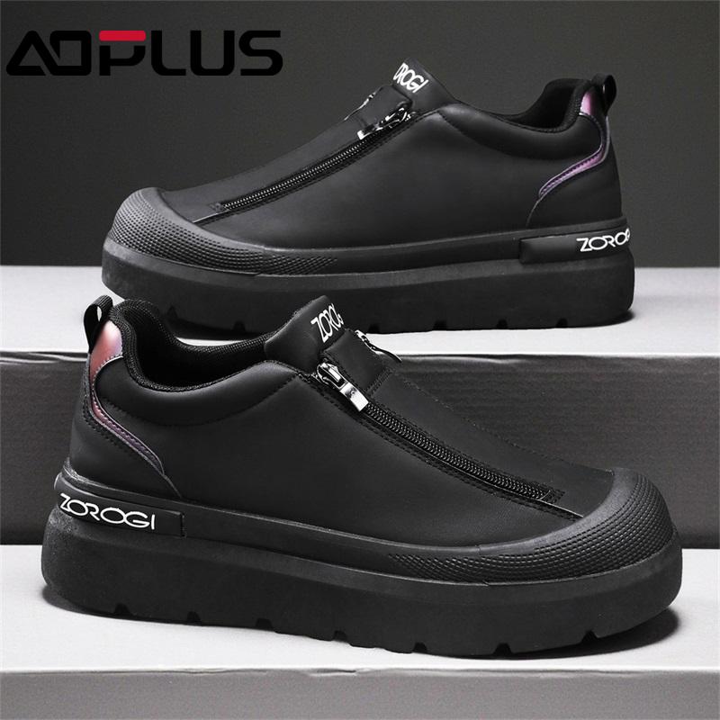 AOPLUS Men's Slip-On Sneakers – Stylish Black Zipper Shoes with Platform Sole