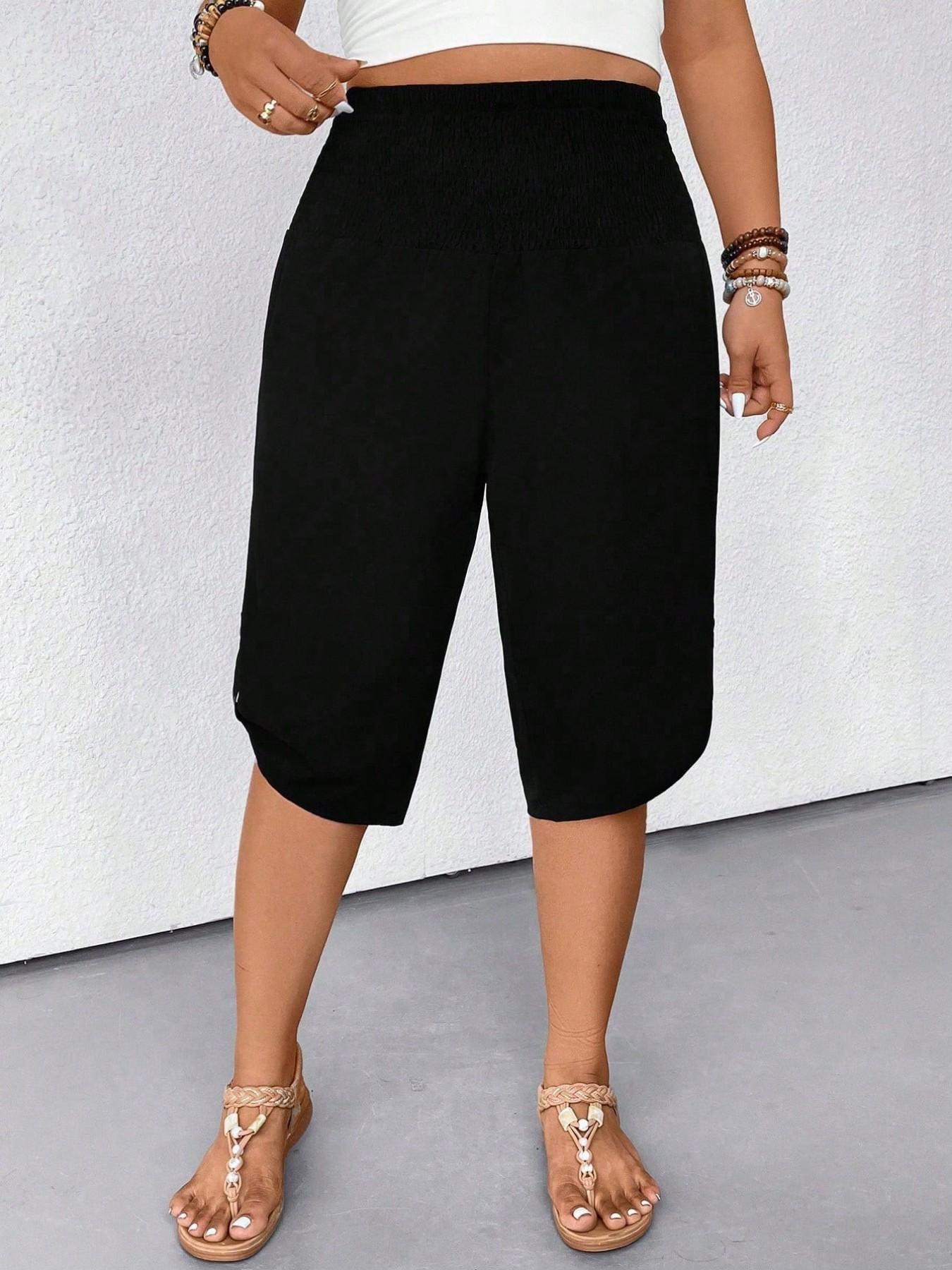 Women's Casual Tummy Control High Waist Fitted Wide Leg Capri Pants Smocked Waist Button Hem Loose Fit Cropped Trousers Summer Shorts Beach Vacation Lounge Daily Work Outfits Solid Black Stretchy Soft Breathable Lightweight Spring Break 2026 Plus Size