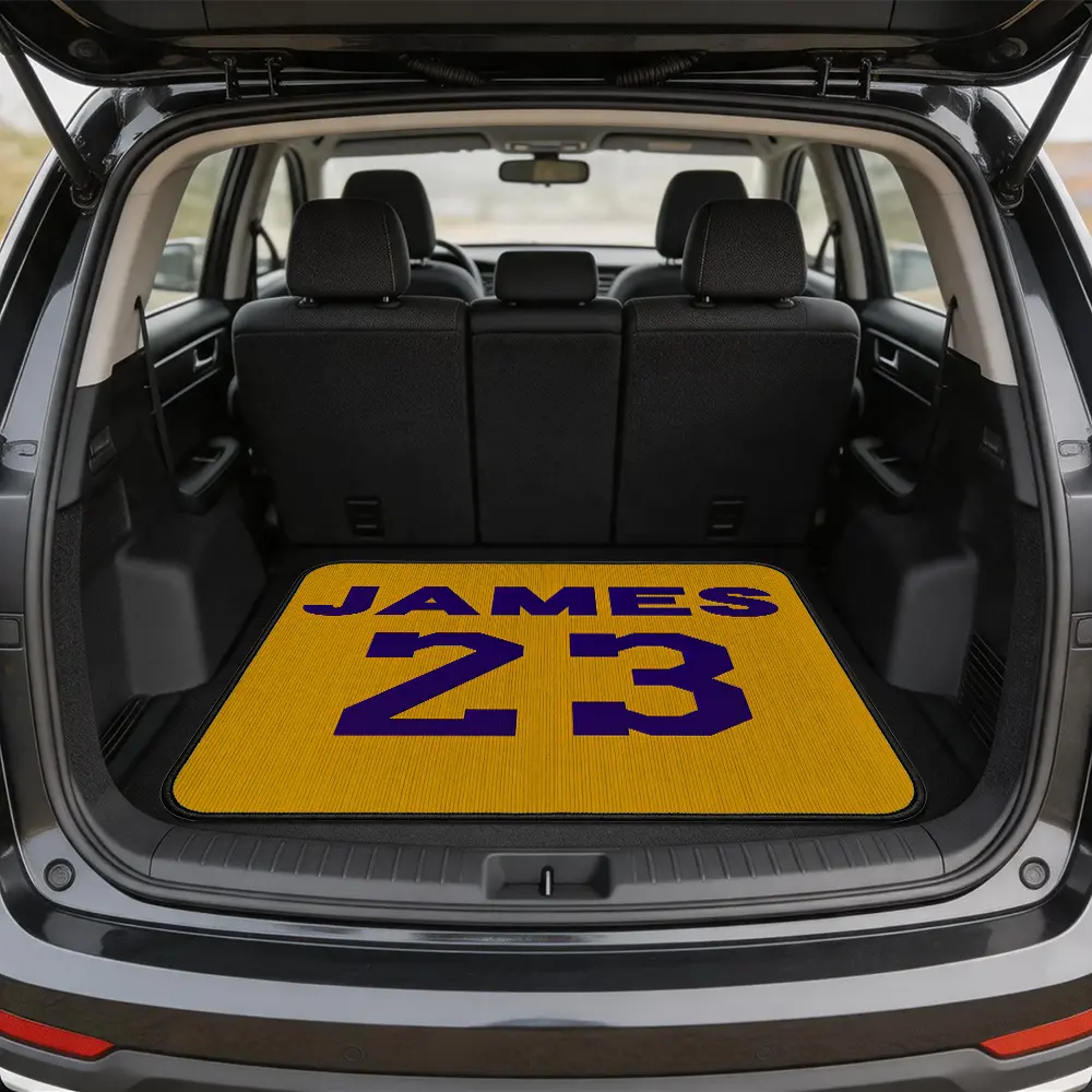 LeBron James 23 Lakers Car Trunk Mat, Basketball Themed Cargo Liner, Non Slip Trunk Protector, Pet Hair Dirt Stain Resistant, Sports Fan Car Decor, Universal Fit Sedan SUV Van, Great for Road Trip Camping Daily Use