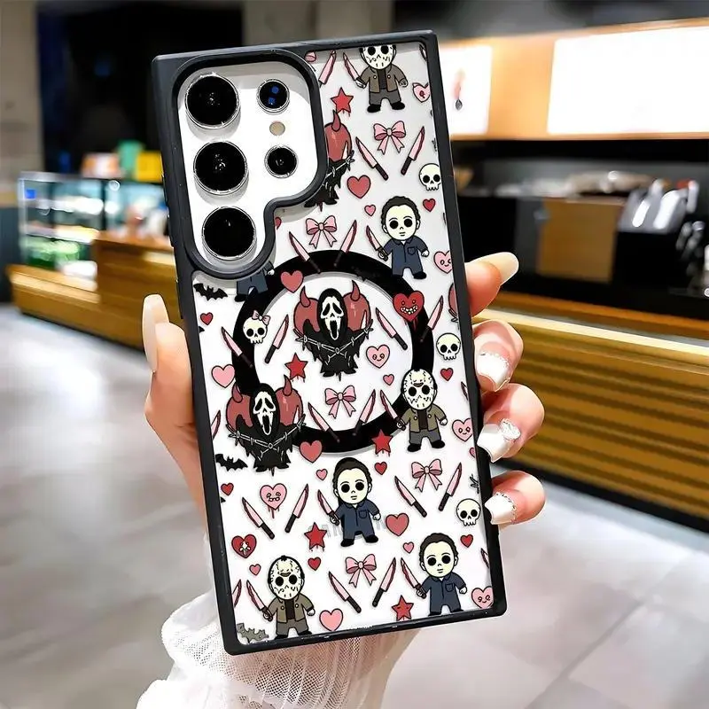 Cute Horror Ghost Face Character Magnetic Phone Case with MagSafe-Compatible Silicone Bumper - Protective Casing for  S26/S26+ S25/S25+ S24 S23 S22 Ultra Plus FE Handheld Devices Accessories, Halloween Spooky Pink Heart Bow Knife