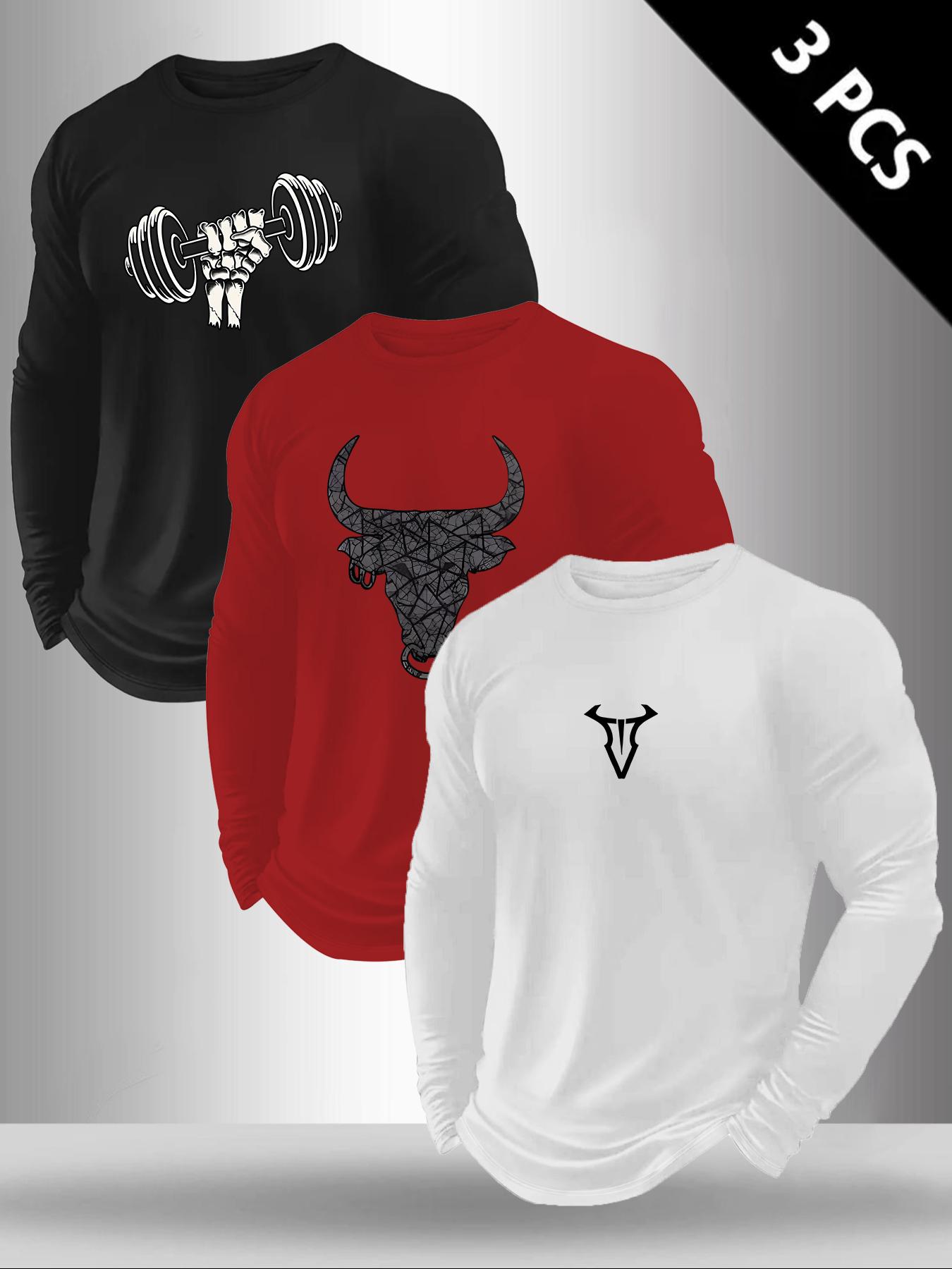 Men's Classic 3-Piece Set with Bull Pattern Print Long Sleeve T-Shirt, Casual Spring & Fall Layering Top, Fitted Comfortable Attire, Athletic Sports Clothing