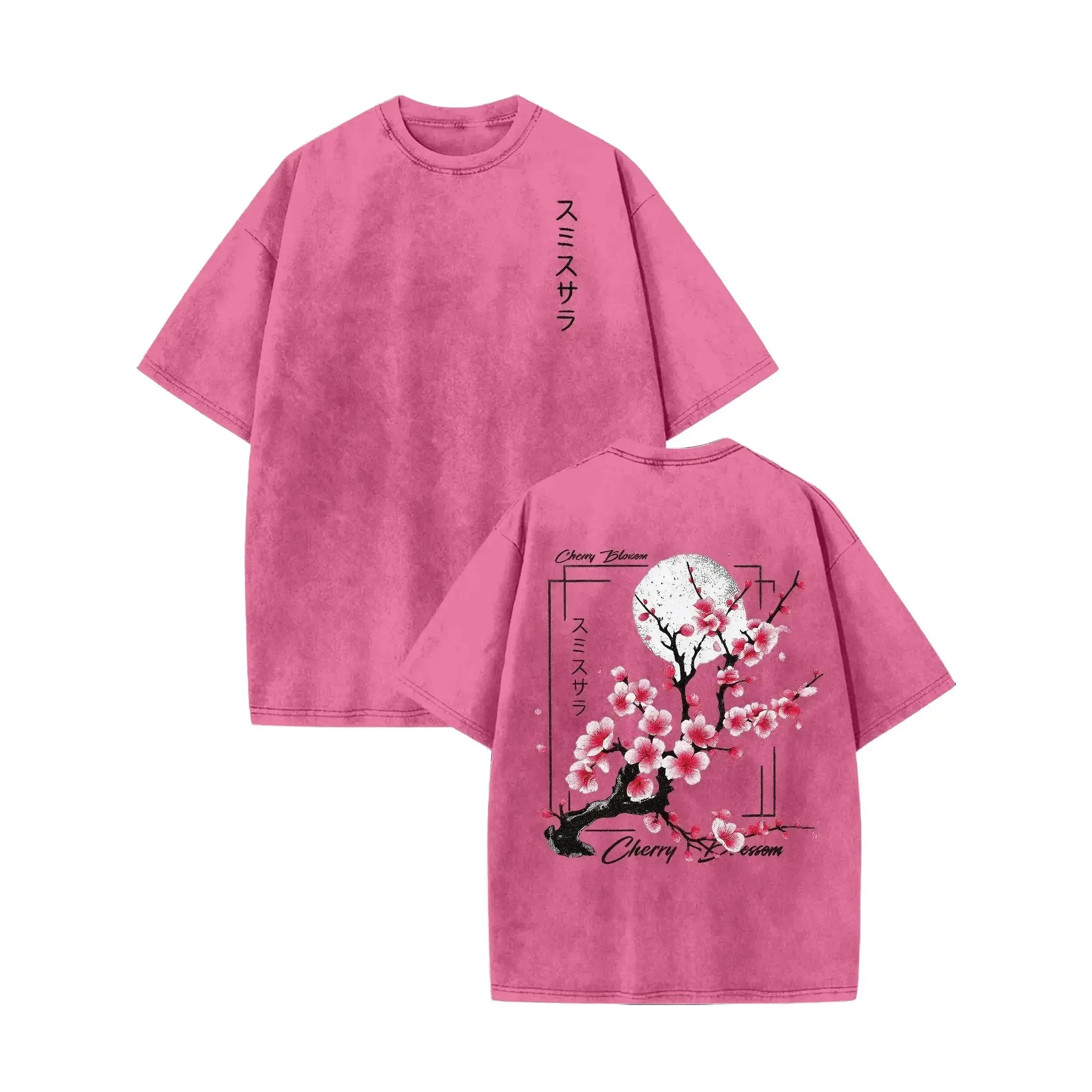 Men's Classic 100% Washed Cotton Round Neck Short Sleeve Seamless Streetwear T-Shirt - Loose Knit Apparel with Cherry Blossom & Japanese Lettering Print, Casual Weekend Clothes, Pink Unisex Graphic Acid Wash Top (tiktokshopspringglowup, summervibes), Over