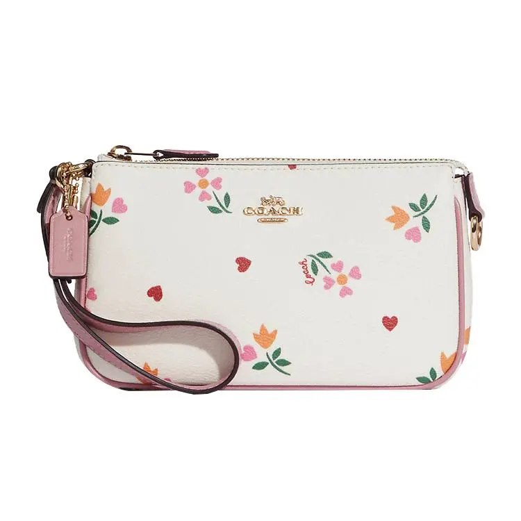 COACH Nolita 19 Heart and Floral Print Zip Top Clutch Bag for Women – Coated Canvas and Leather, Small Size, White