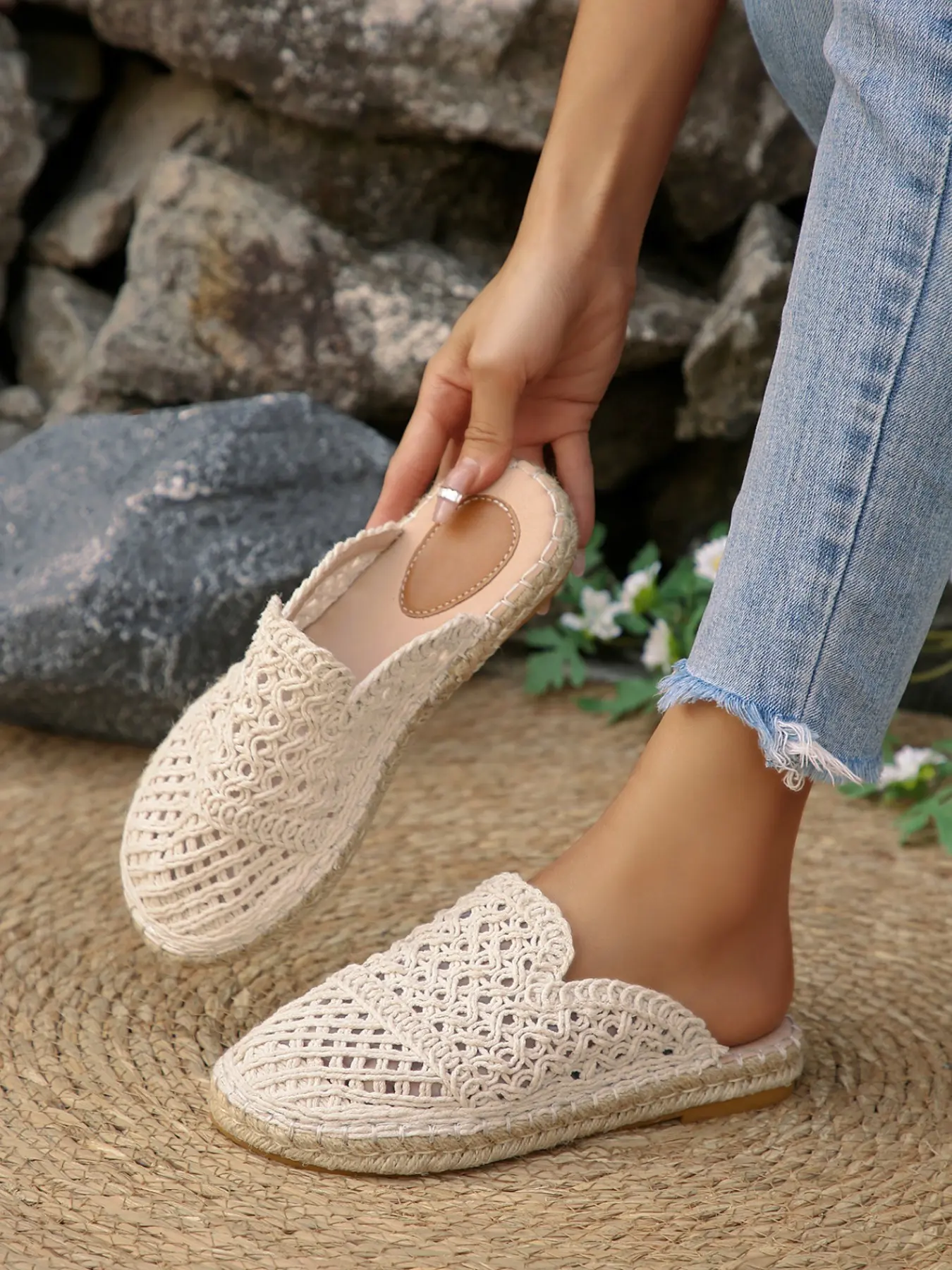 Hollow Woven Espadrille Mule Slides, Rope Trim Flat Closed Toe Shoes, Breathable Lazy Outdoor Slippers For Women Spring Summer