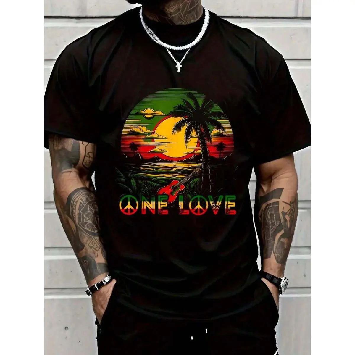 % Cotton Shirt Black Reggae Music Guitar Pride Jamaica Reggae Sunset T-Shirt2025