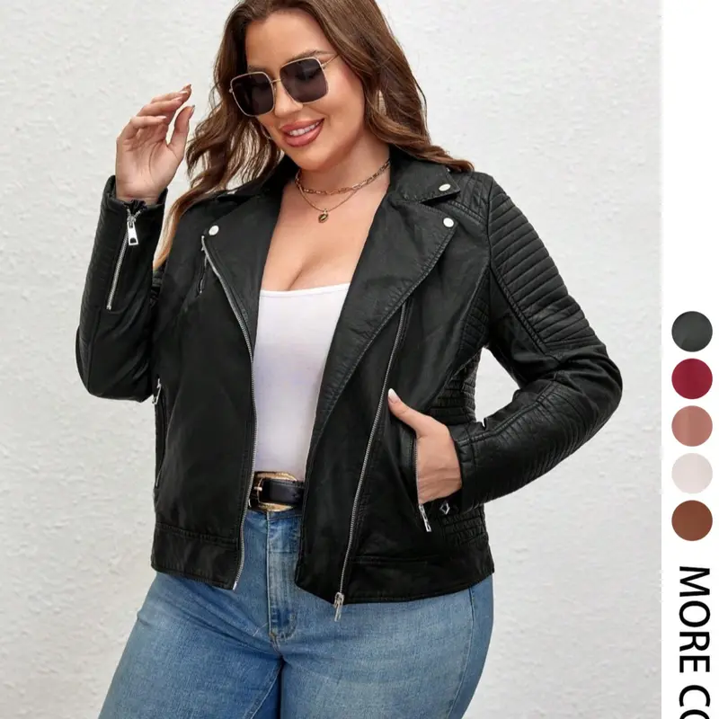 Women's Plus Size Plain PU Zippered Jacket, Coats, Casual Fitted Outerwear for Spring & Fall, Womenswear