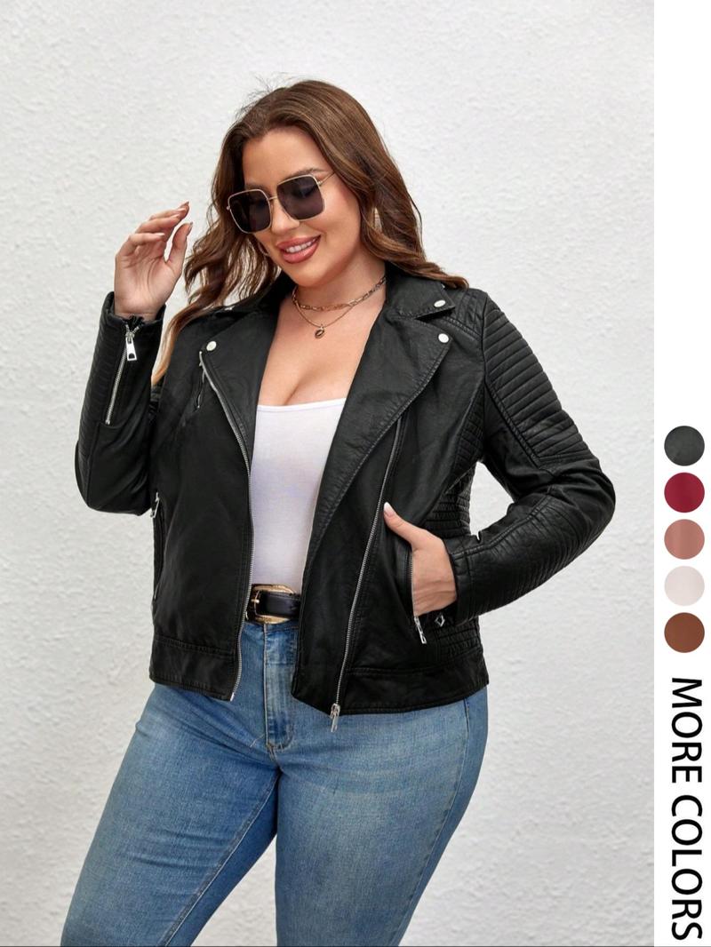 Women's Plus Size Plain PU Jacket with Zipper, Casual Fitted Outerwear for Spring & Fall