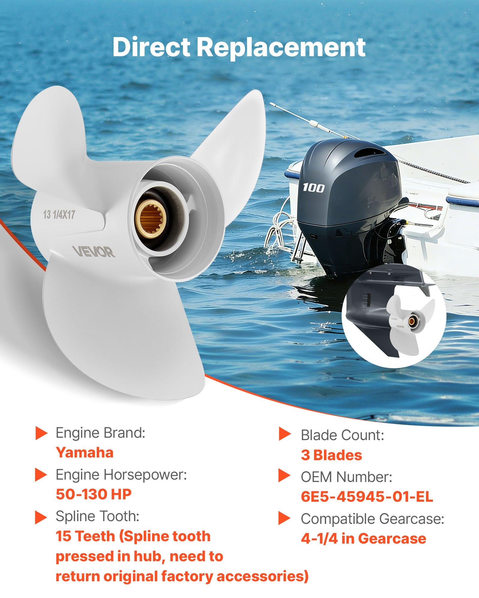 VEVOR Outboard Propeller, Upgrade OEM 15 Spline Tooth Aluminum Outboard Boat Propeller Fit Yamaha Engines 50-130 HP, 4-1/4" Gearcase, 3-Blade, RH (Right Hand Rotation), OEM Parts No. 6E5-45945-01-EL.