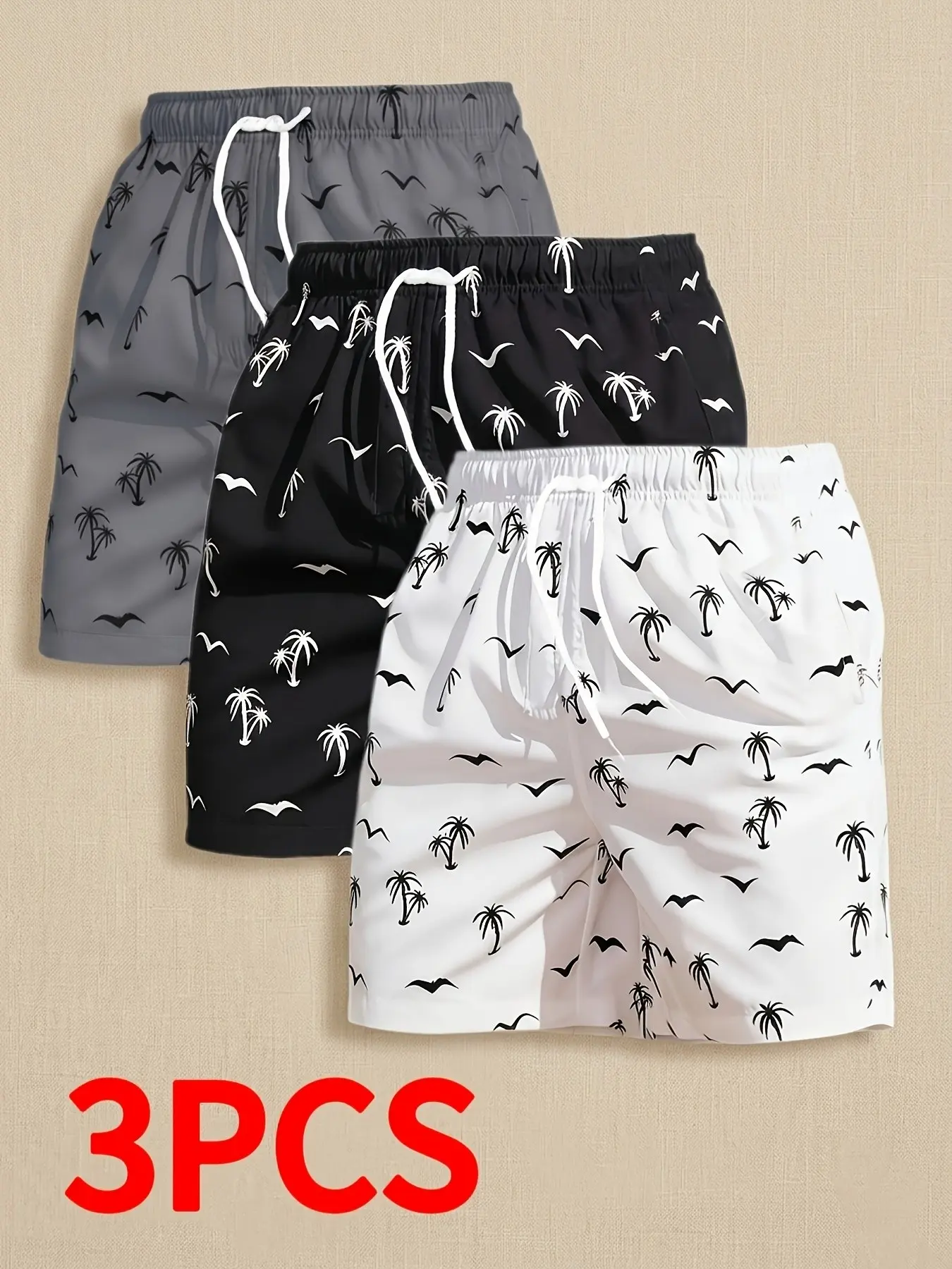 3 Pcs Men's Beach Shorts, Coconut Tree Seagull All over Print, Casual Drawstring Waist, Knee Length, Fitted, Summer Swimwear, Printed Swim Trunks