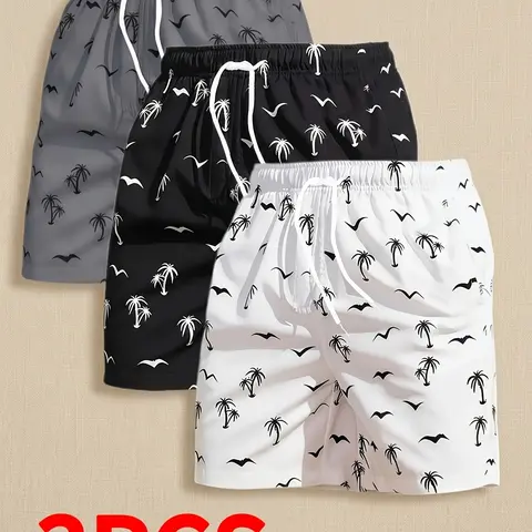 3 Pcs Men's Beach Shorts, Swimming Shorts, Coconut Tree Seagull All over Print, Casual Drawstring Waist, Knee Length, Fitted, Summer Swimwear