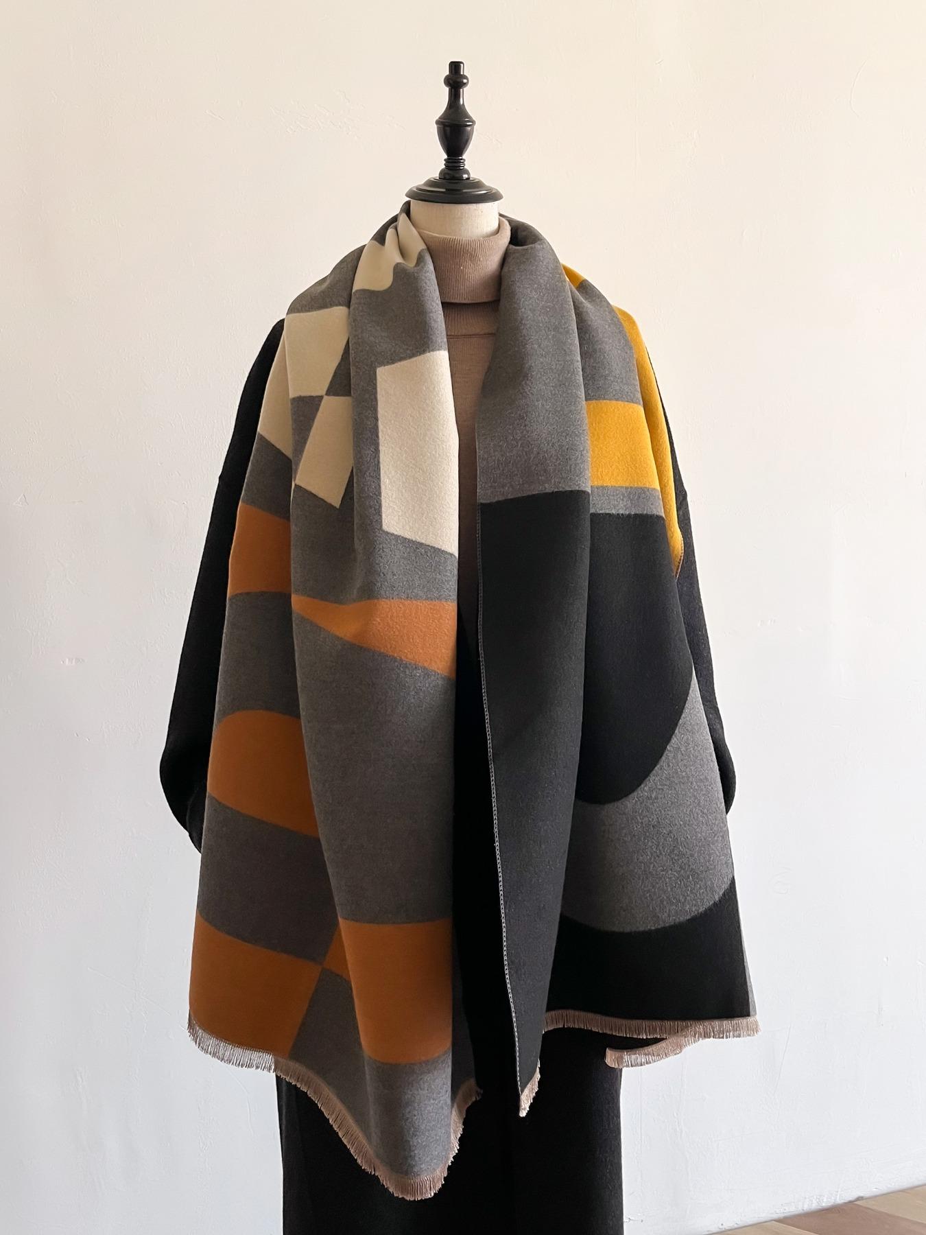 Women's Colorblock Double-sided Fringe Trim Shawl, Casual Soft Warm Long Scarf for Fall & Winter, Fashion Accessories for Daily Wear, Valentine's Day Gift