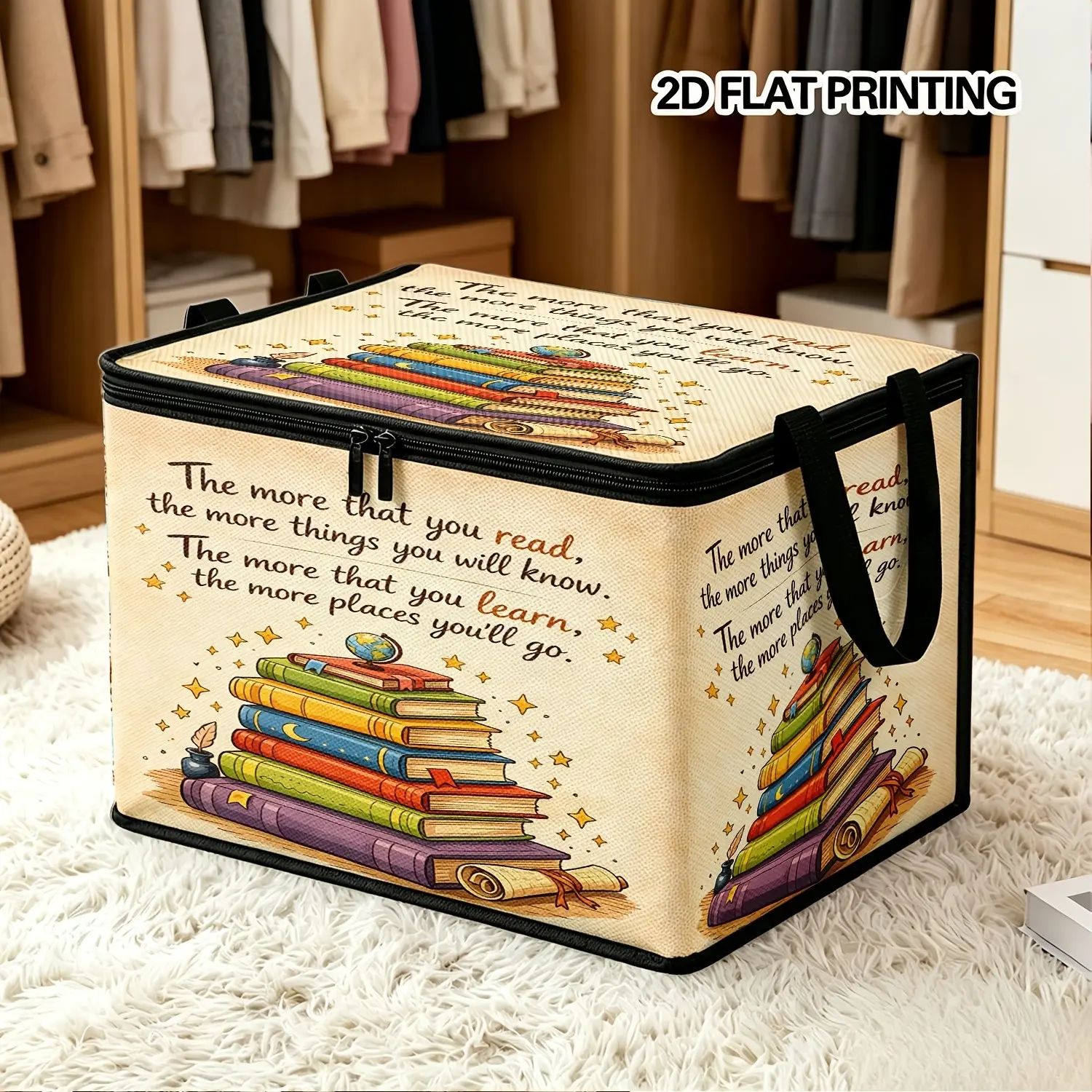 Vintage Book Reading Motivational Text Print Fabric Storage Box, Foldable Large Capacity, Dustproof with Handle and Zipper, Home Organizer, Folding Boxes