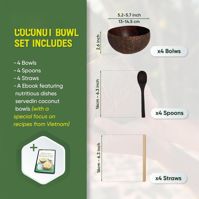 Coconut Bowl with Wooden Spoon and Straw - Vegan , Made from Coconut Shells for Smoothies, Acai & Buddha Bowls (4, Polished) Coconut Bowl with Wooden Spoon and Straw - Vegan , Made from Coconut Shells for Smoothies, Acai & Buddha Bowls (4, Polished)