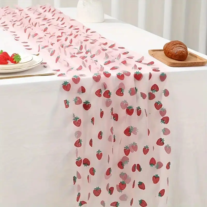 2026 Blush Pink Playful Fruit-Pattern Rectangle Mesh Fabric Tablecloth-Table Runner Set, Low-Maintenance Wedding Decor for All Seasons Indoor-Outdoor Leisure Use (Leisure & Outdoor Recreation Equipment)