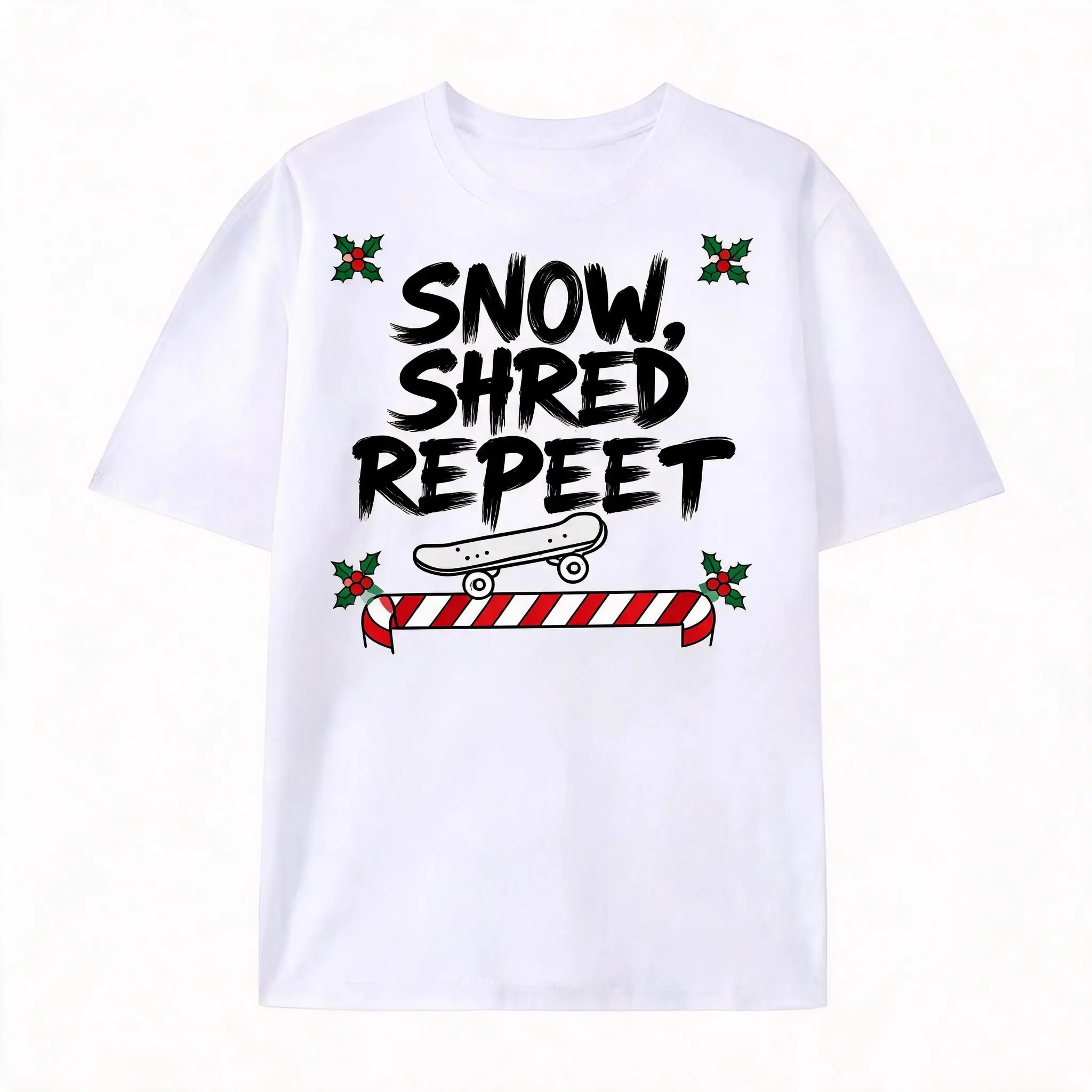 Oversized Snow Shred Repeat Skateboard Holly Graphic T‑Shirt, Comfort Cotton Fashion Outfit, Cute Christmas Valentine Gift For Him Her, Perfect Holiday Present For Lovers Family Friends