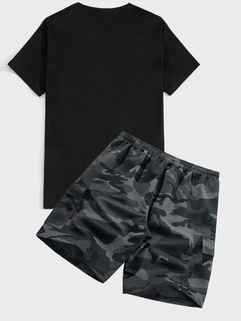 Two-Piece Set Men's Camo Print Crop Tee & Shorts, Regular Fit Casual Short Sleeve T-shirt & Camo Print Shorts, Men's Summer Outfits