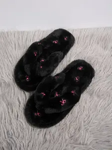 Sweet Girl Style Embroidered Bow Fuzzy Slippers, Soft Rubber Sole, Casual Less Than Ankle Height, Perfect for Bedroom & Commute