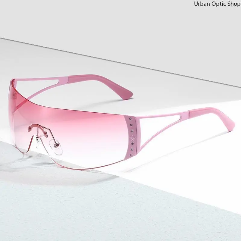 Y2K Rimless Wrap Sunglasses Star Rivet UV400 Gradient Pink Lens Festival Eyewear Y2K Rimless Wrap Sunglasses Star Rivet UV400 Gradient Pink Lens Festival Eyewear