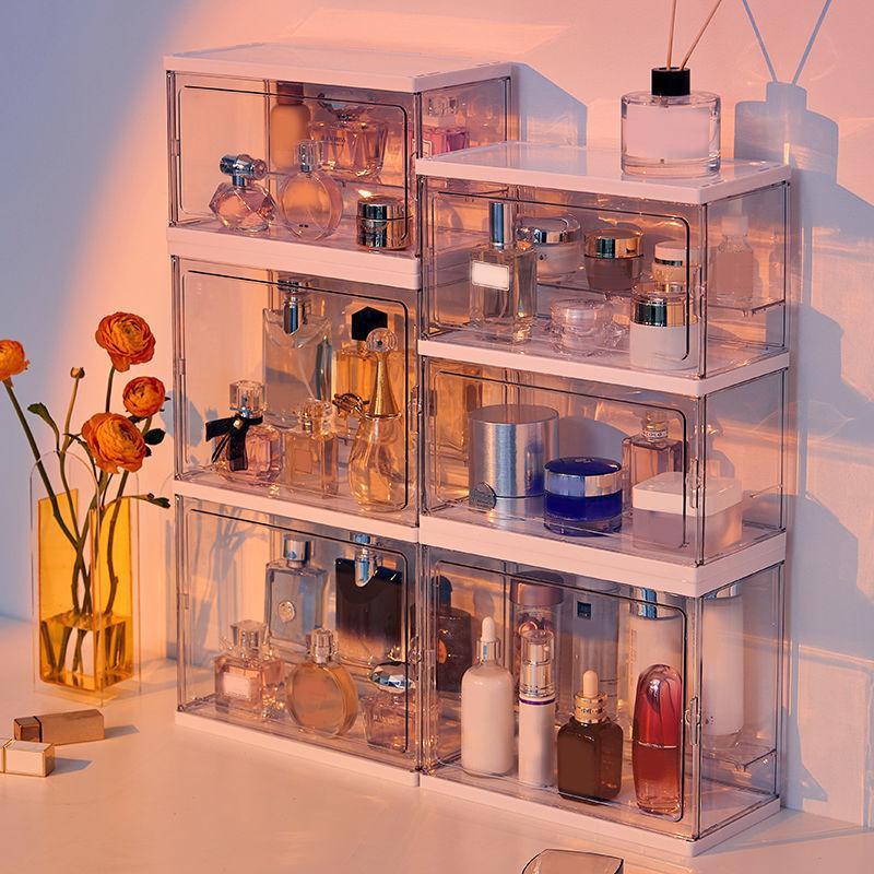 Stackable Perfume Storage Box, 1 Count Large Capacity Dustproof Acrylic Display Cabinet, Vanity Makeup Organizer, Cosmetic Desktop Dustproof Storage Box for Home Bathroom Hotel Salon, Multilayer Storage, Cosmetics Organizer Storage