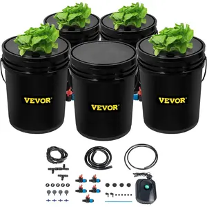 VEVOR DWC Hydroponic System, 5 Gallon 5 Buckets, Deep Water Culture Growing Bucket, Hydroponics Grow Kit with Pump, Air Stone and Connected Reservoir, for Indoor/Outdoor Leafy Vegetables