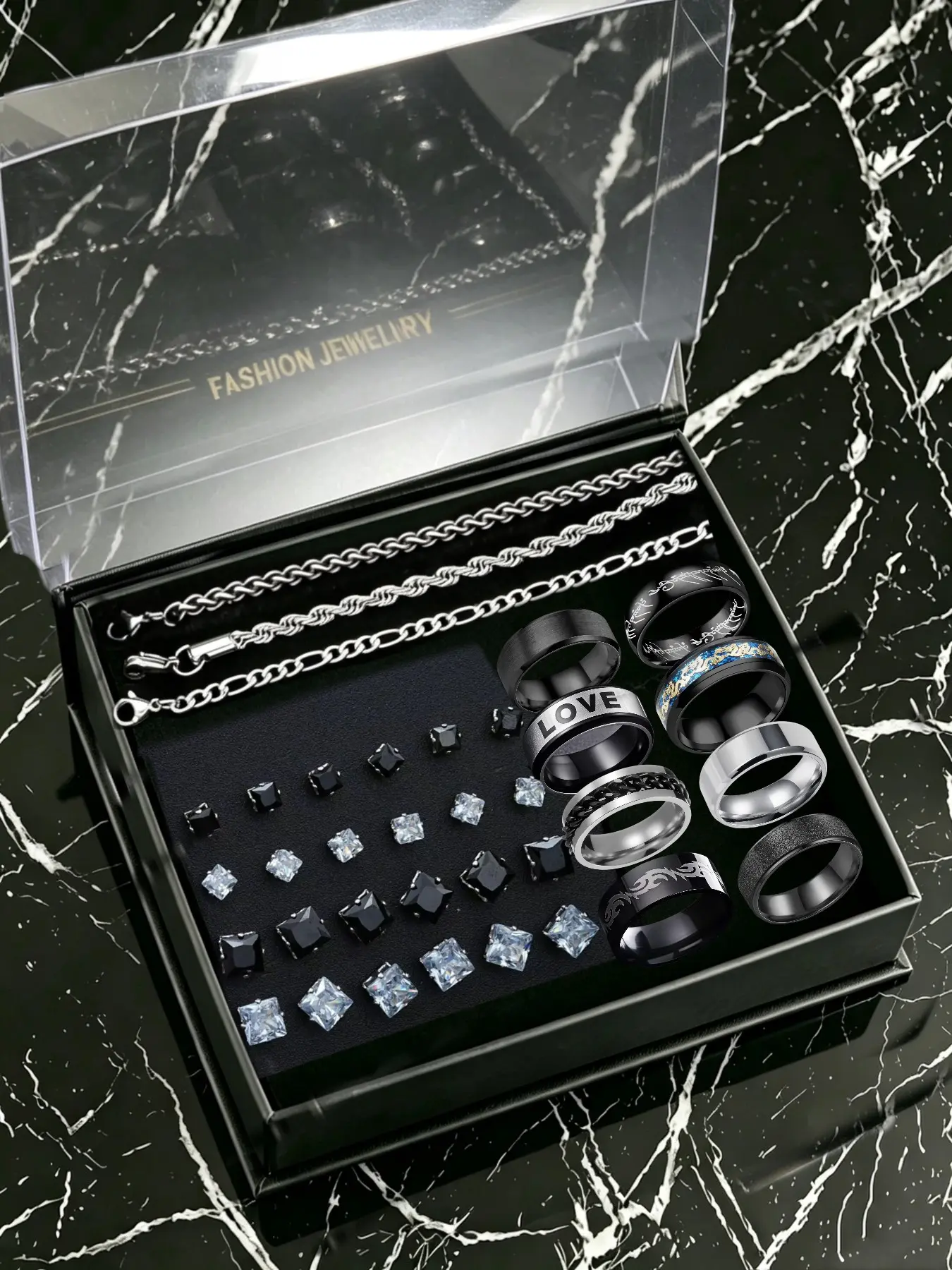 35Pcs Men Stainless Steel Jewelry Gift Set, Rings Earrings Chains Bracelets Combo, Fashion Accessories For Daily Wear, Birthday Christmas Thanksgiving Valentine Gifts For Him Boyfriend Husband