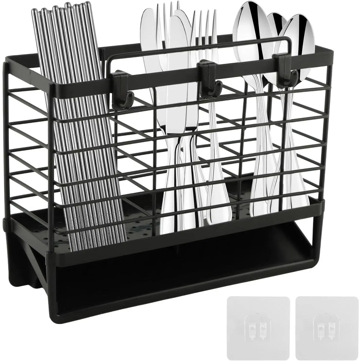 3-Compartment Dish Drying Rack for Kitchen, Carbon Steel Utensil Holder with Drain Tray, Utensil  Organizer for , Forks, Spoons, Chopsticks, Wall Mount or Countertop(COLOR:Black)