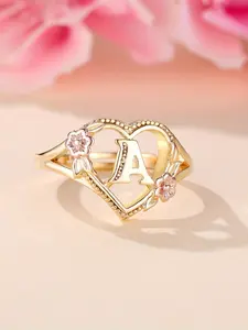 Retro Initial Ring Heart & Flower Design Cuff Ring A-Z Letter, Adjustable Open Ring, Adjustable Opening Stackable Ring Gift for Women & Girls, Copper Band Rings