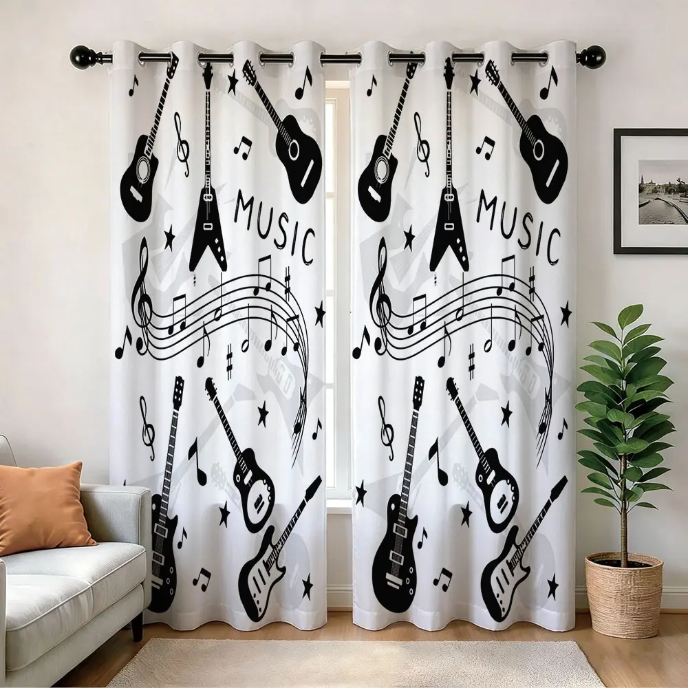 Black and White Guitar Music Notes "MUSIC" Slogan 2 Panels 60-65% Blackout Patterned Curtains Sunshade, Thermal Insulated Bedroom and Living Room, Outdoor Patio Decor Window Curtain