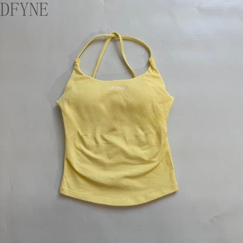 DFYNE Twist Back Yoga Tank Top | Seamless Cross Strappy Sports Bra, Elegant Longline Workout Cami with Built-in Pads