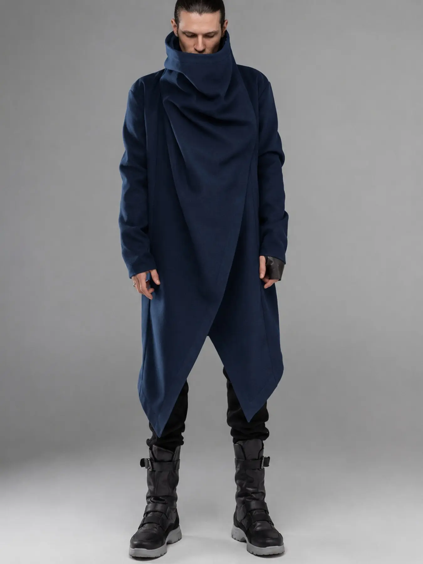 New Men's Cape Coat, Street Style High Neck Solid Color Long Sleeve Fashion Punk Irregular Windbreaker, Trendy Outerwear for Men