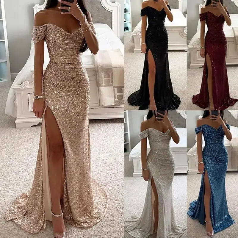 2025 Party Sequin Off-Shoulder Slit Dress Formal Casual