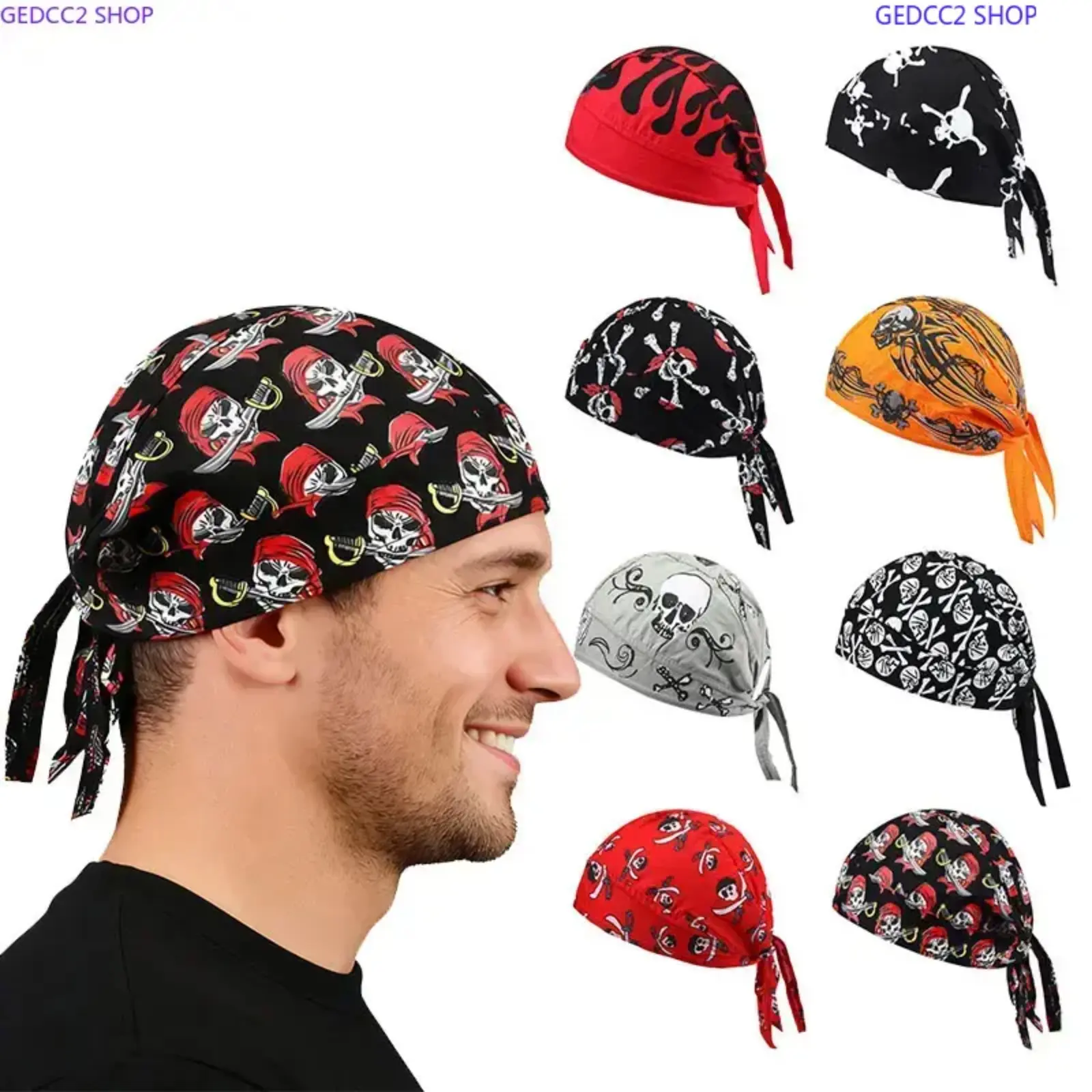 Men's 2/8-Pack Skull Print Polyester Durag Caps, Breathable Wicks Sweat Bandana Head Wrap, Cooling Liner for Motorcycle Riding, Gym, Outdoor Sports