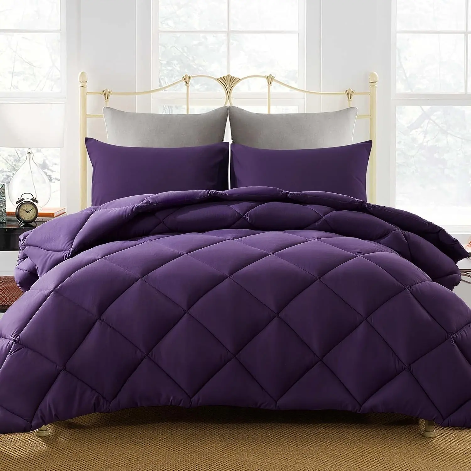 Lightweight California King Comforter Set with 2 Pillow Sham - 3 Pieces Set - Quilted Down Alternative Comforter/Duvet Insert for All Season - Purple - Cal King Size