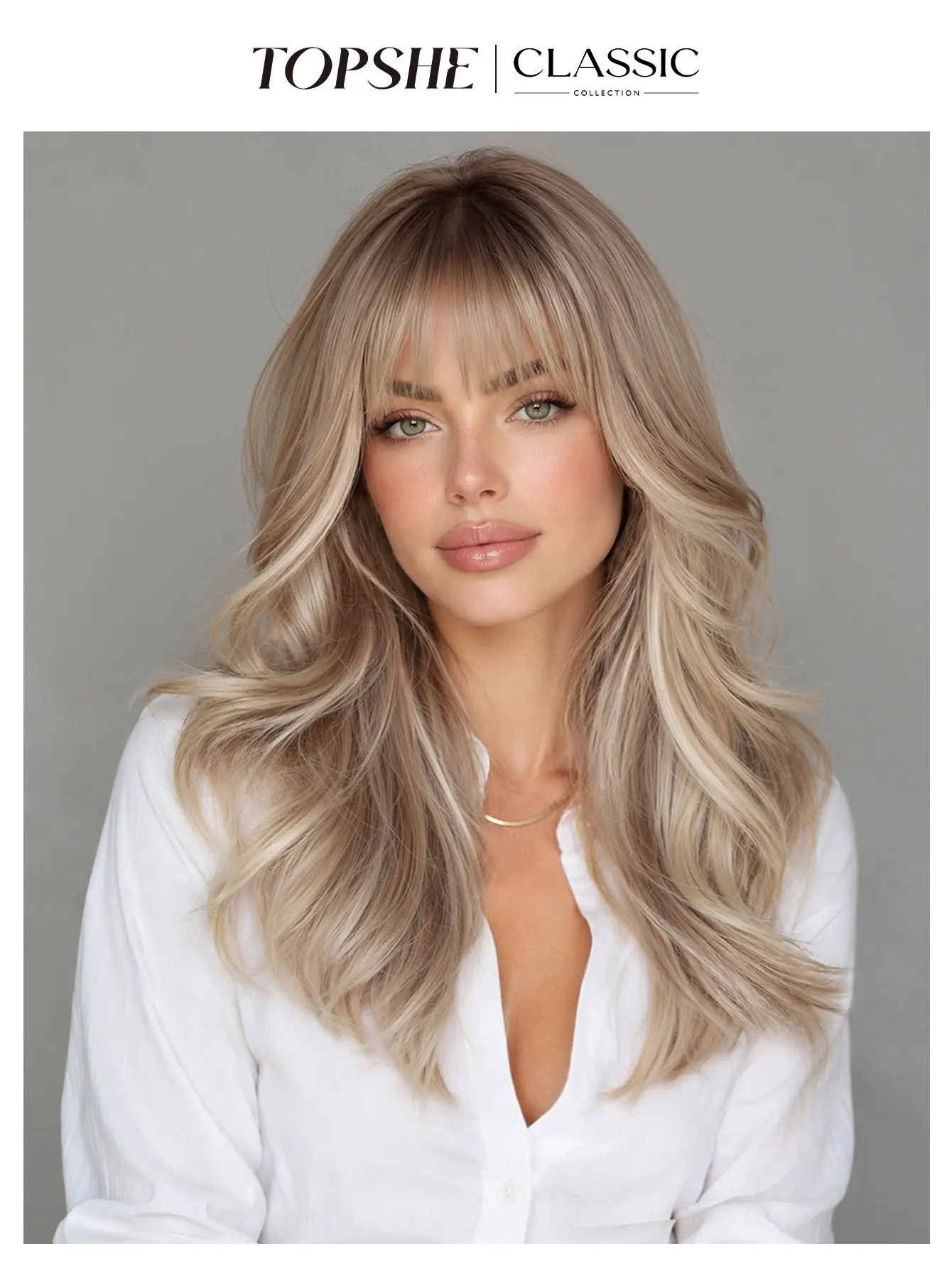 Chloe | TOPSHE 20 Inch Ash Blonde Layered Wavy Wig with Wispy Bangs, Lightweight Glueless Synthetic Wig for Women