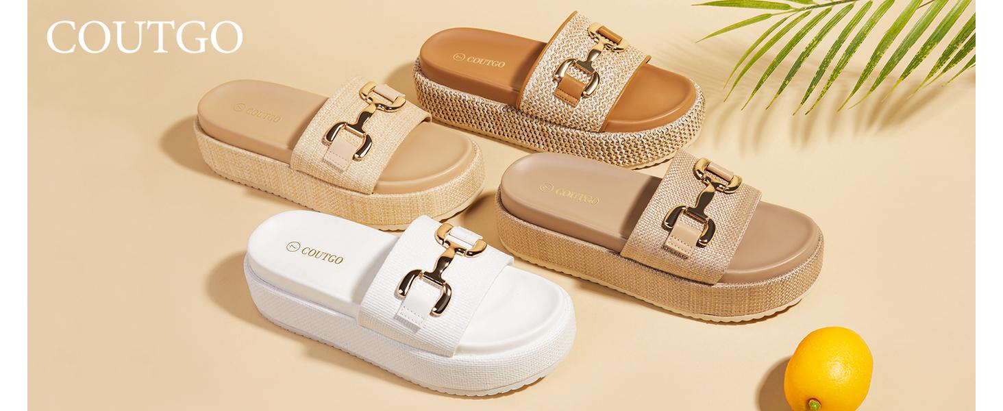 Coutgo Womens Platform Sandals Raffia Espadrilles Metal Chain Slip on Open Toe Cute Beach Slide Sandals