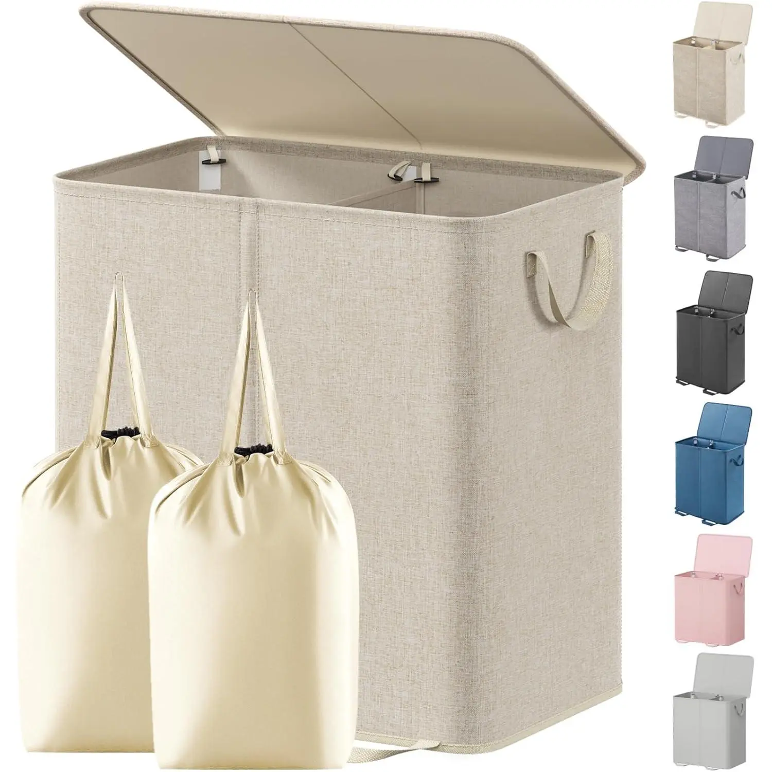 Double Laundry Hamper with Lid and Removable Laundry Bags, Large Collapsible 2 Dividers Dirty Clothes Basket with Handles for Bedroom Laundry Room Closet Bathroom College, 136L Beige