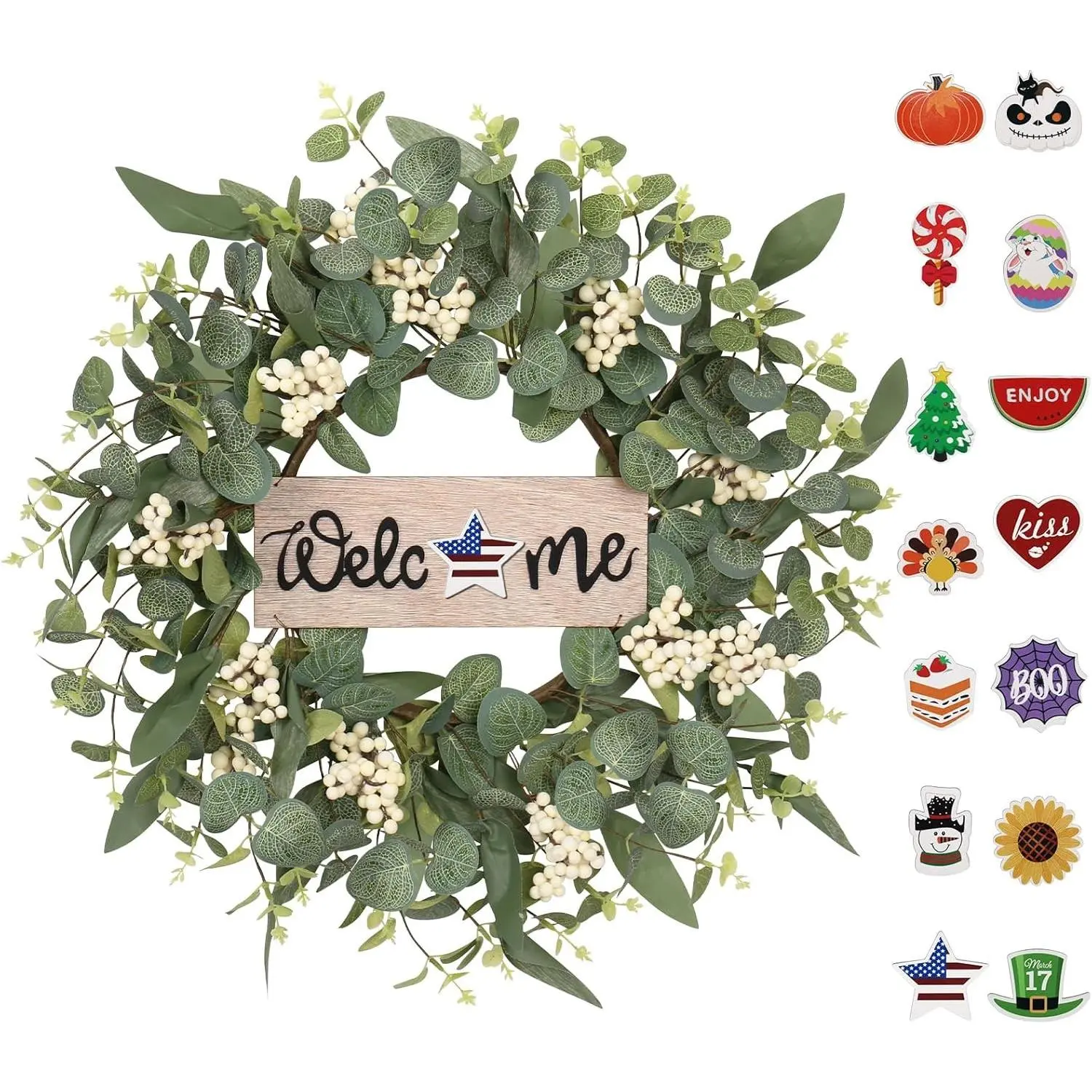20Inch Wreaths for Front Door, Artificial Green Eucalyptus Interchangeable Seasonal Welcome Sign Wreath Decorations, for Porch Home Farmhouse Spring Summer Fall Winter Outdoor Decor