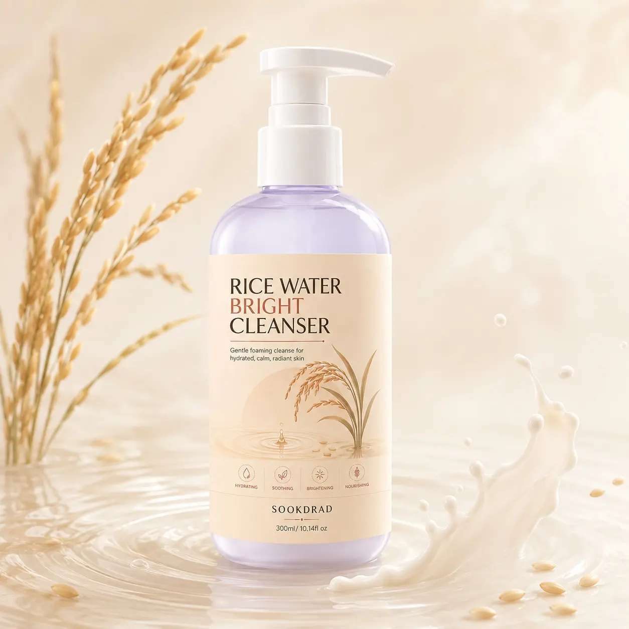 Rice Water Bright Cleanser, rice water, gentle foaming, hydrating, soothing, brightening, nourishing, for hydrated calm radiant skin, 300ml/10.14fl oz