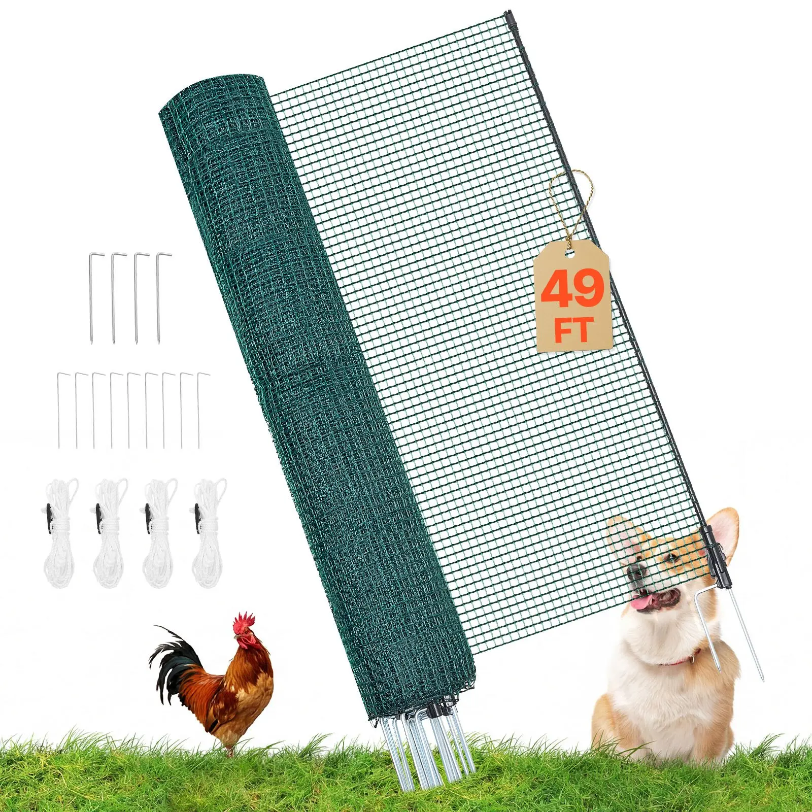 VEVOR Temporary Fence with Posts, 3.9 x 49.2 FT Plastic Mesh Fencing, Garden Safety Fences Netting with Double-Spike Stakes & Guy Ropes, Temporary Fence for Dogs, Chickens, Plants, Outdoor Yards