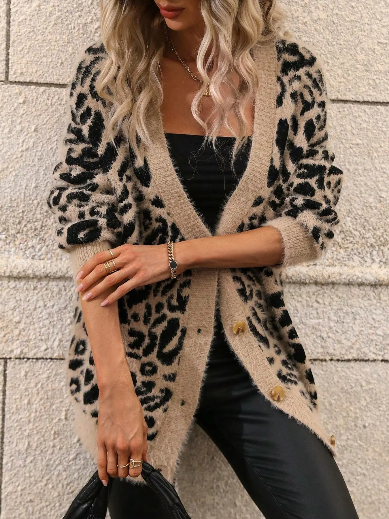 Vintage Leopard Print Mink-Like Knit Cardigan Women, V Neck Single Button Loose Medium-Length Sweater Coat, Fashionable Outerwear