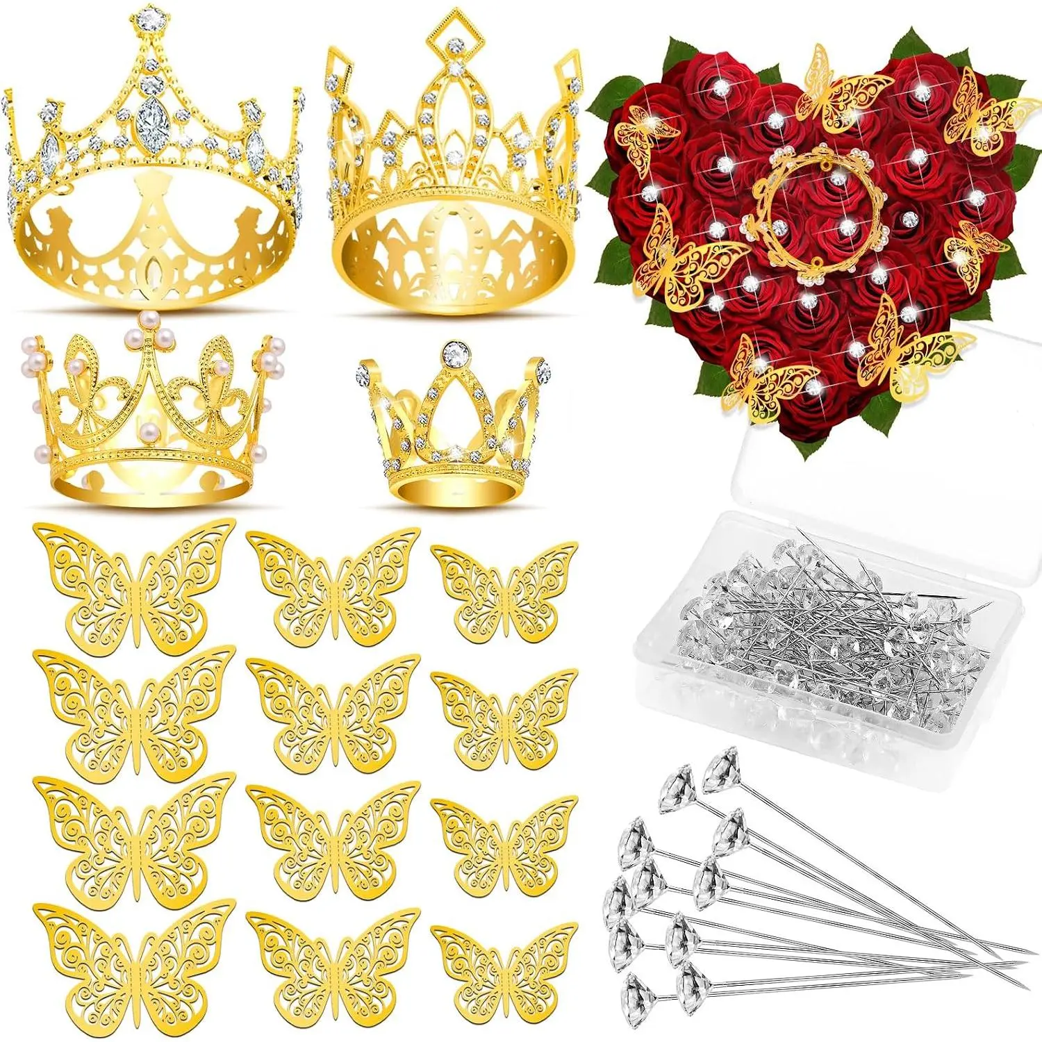 BoDoux Gold Crowns for Flower Bouquets, Flower Bouquet Accessories Including 4 Pcs Bouquet Crown, 12 Pcs Butterfly Decorations and 50 Pcs Flower Pins for Birthday Wedding Baby Shower