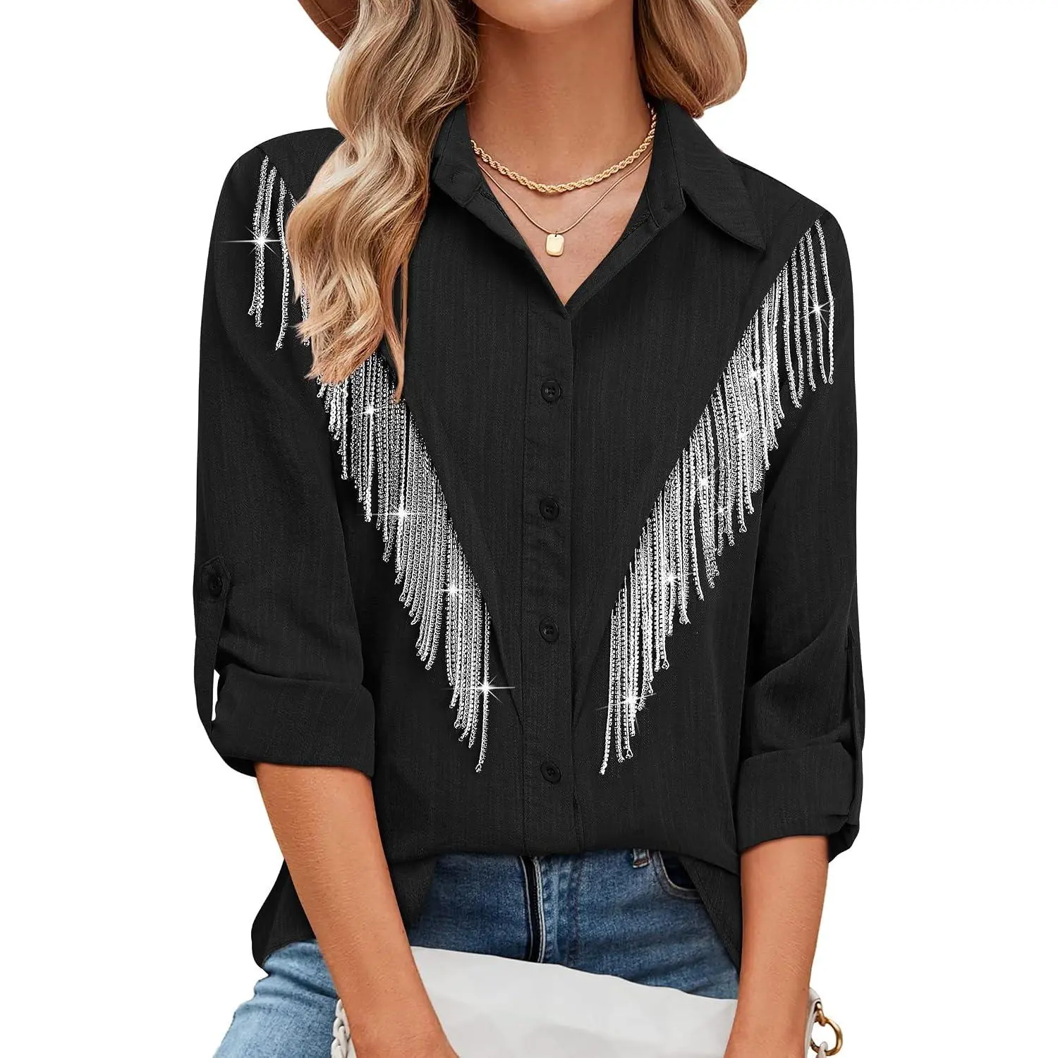 Womens Sparkly Fringe Button Down Shirt Rolled 3/4 Sleeve Top Country Concert Nashville Western Cowgirl Outfit