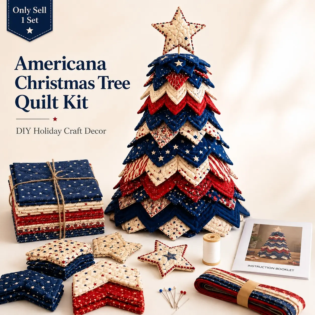 Americana Christmas Tree Quilt Kit, DIY Patchwork Sewing Craft Kit With Red White And Blue Star Fabric Pieces, Layered Quilted Tabletop Tree Decoration For Adults Beginners, Christmas Holiday Home Decor And Handmade Craft Projects